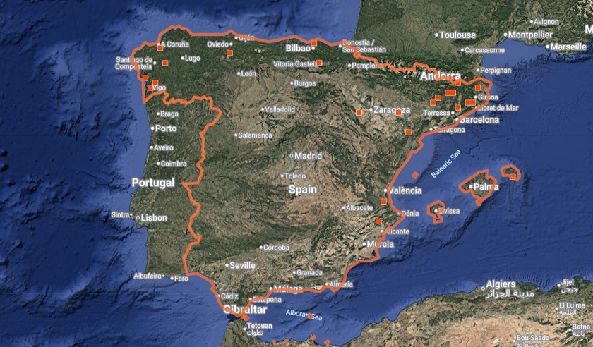 Distribución de S. vespiformis en la España peninsular e islas Baleares. Fuente: iNaturalist.