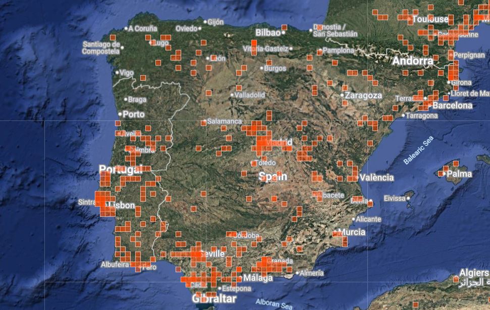 Distribución de Eurygaster austriaca en la España peninsular. Fuente: iNaturalist.