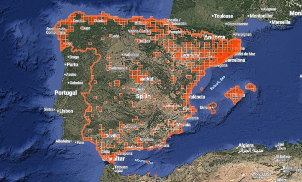 Distribución de Locusta migratoria en España peninsular e islas Baleares. Fuente: iNaturalist.